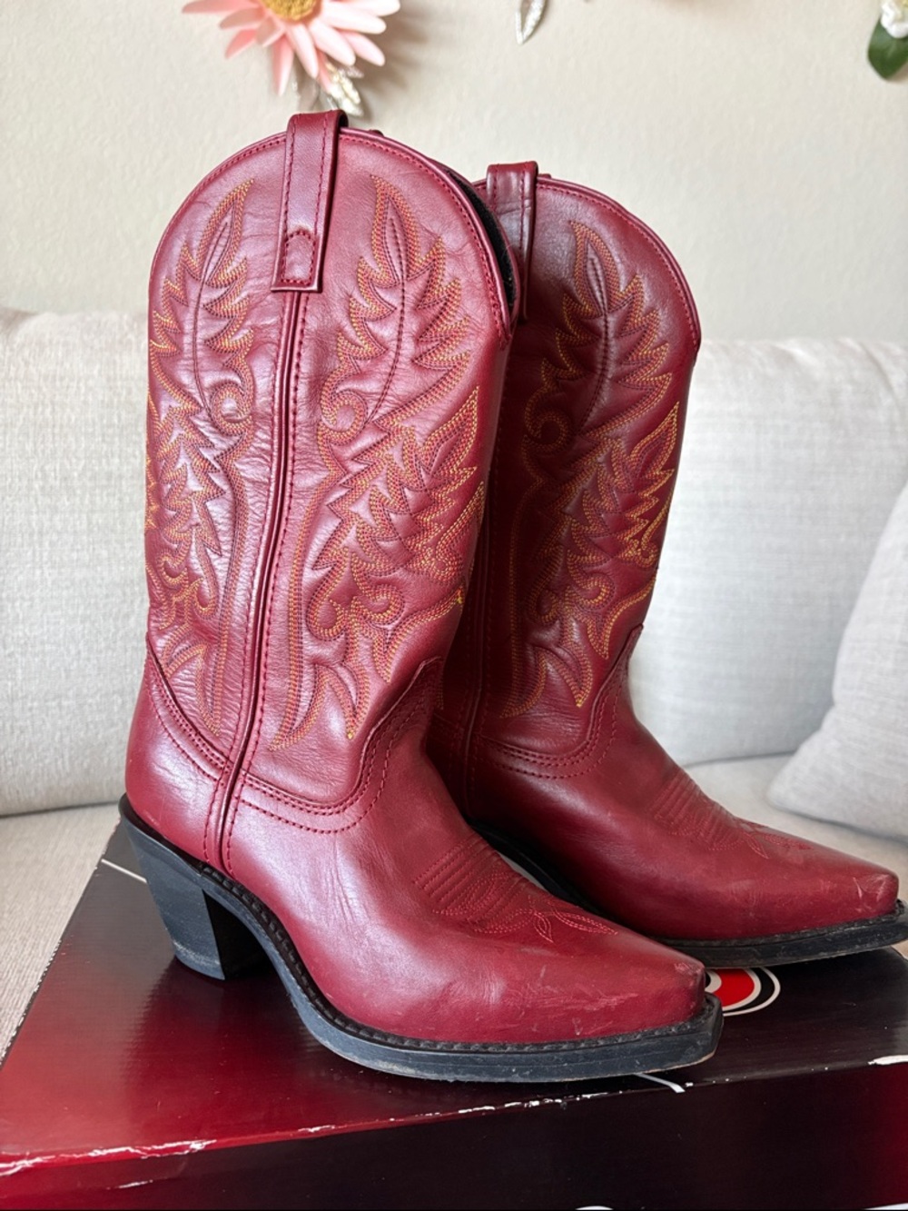 Laredo Red Leather Western Heeled Cowboy Boots